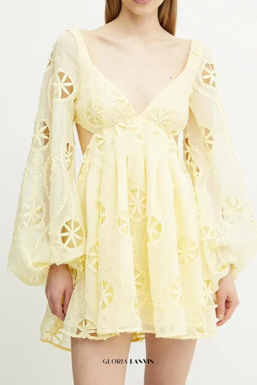 tiffany v-neck puff sleeve hollow mini dress in yellow Gloria Lanvin