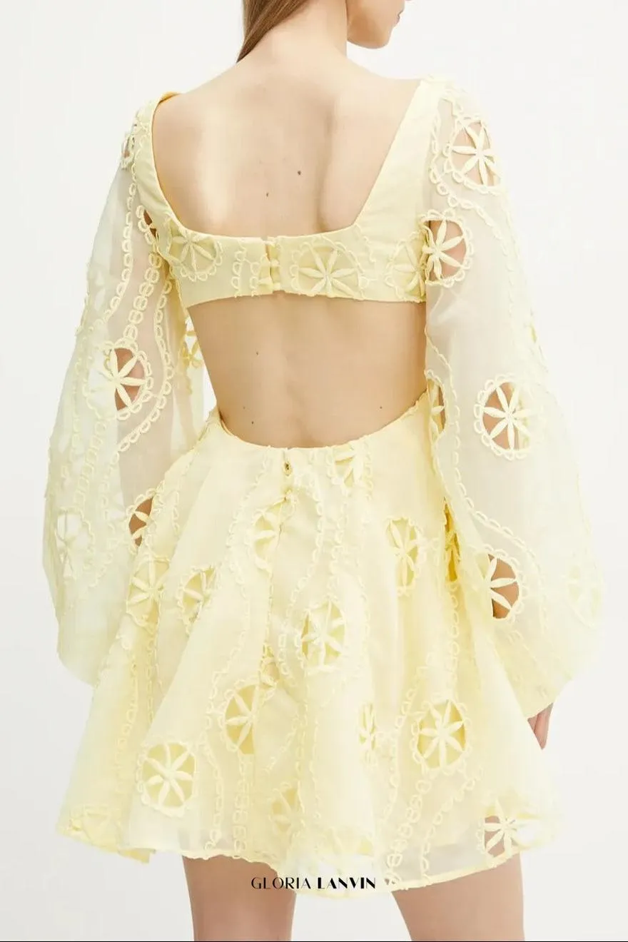 tiffany v-neck puff sleeve hollow mini dress in yellow Gloria Lanvin