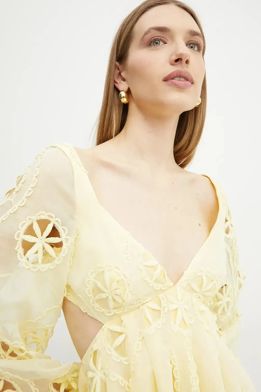 tiffany v-neck puff sleeve hollow mini dress in yellow Gloria Lanvin