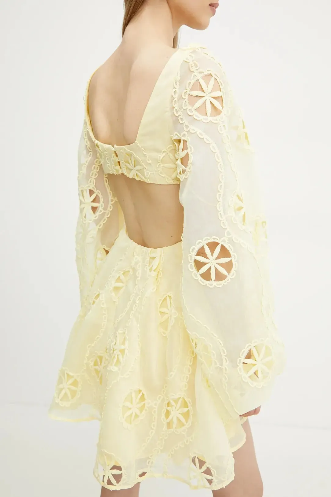 tiffany v-neck puff sleeve hollow mini dress in yellow Gloria Lanvin