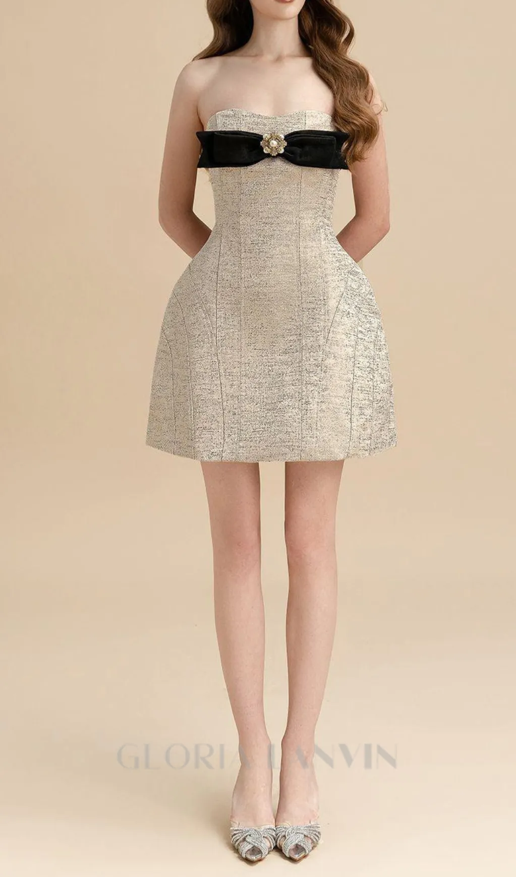 TINA STRAPLESS BOW JACQUARD MINI DRESS IN PINK BEIGE Gloria Lanvin