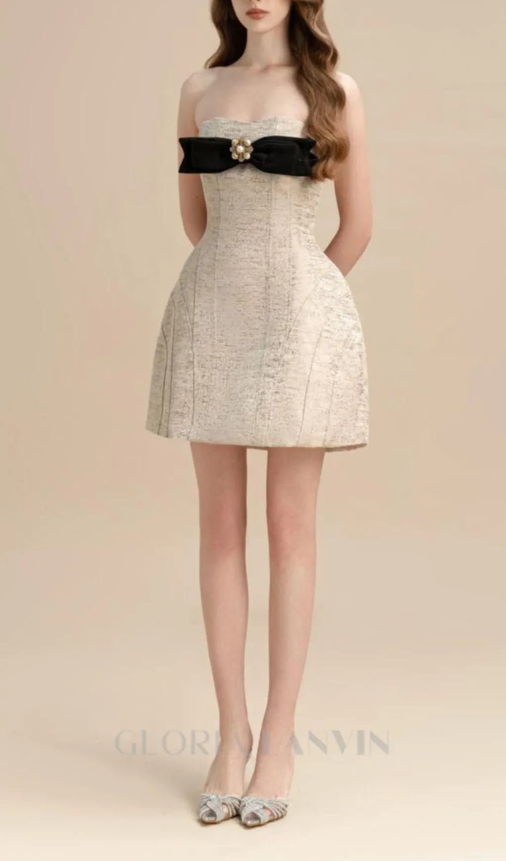 TINA STRAPLESS BOW JACQUARD MINI DRESS IN PINK BEIGE Gloria Lanvin
