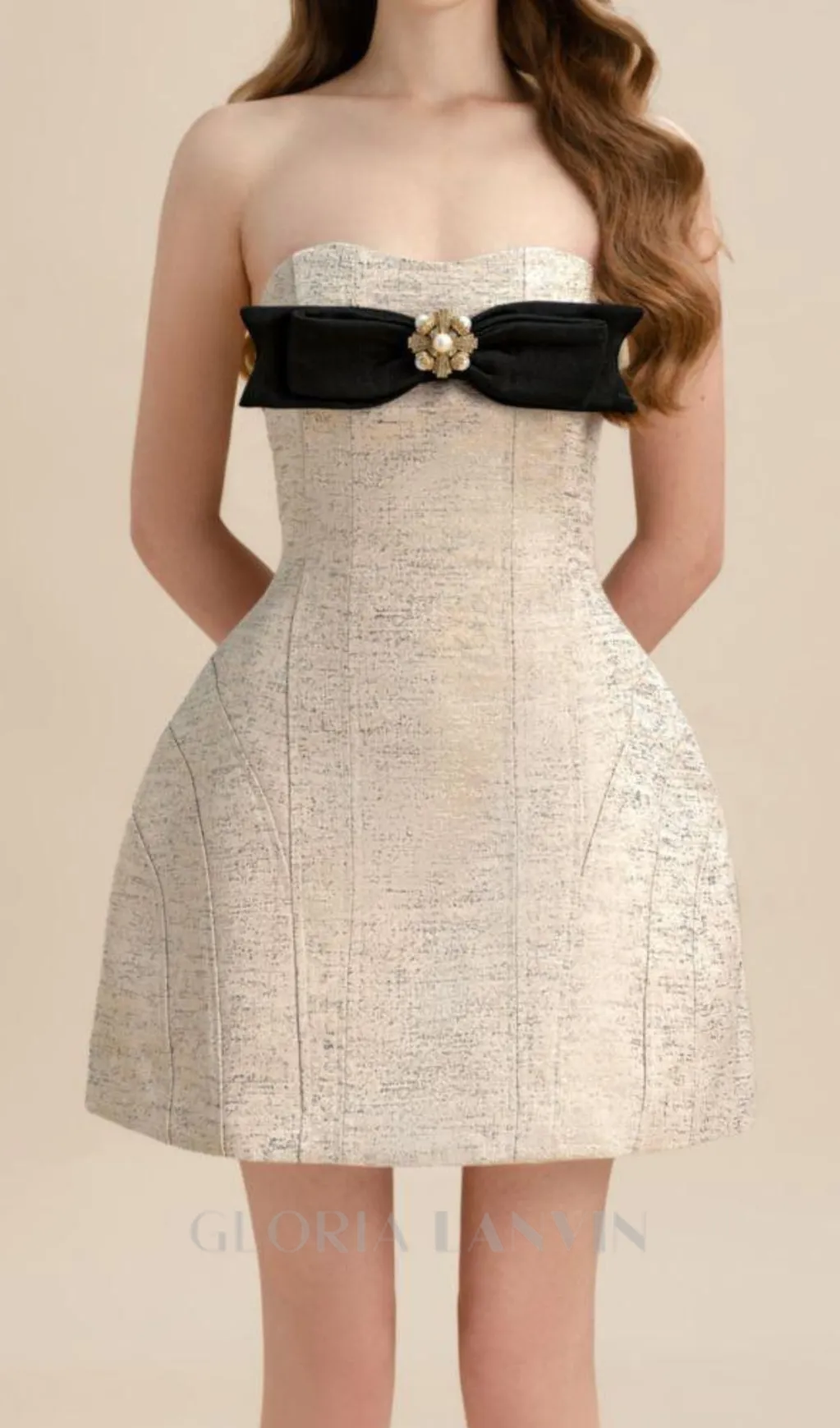 TINA STRAPLESS BOW JACQUARD MINI DRESS IN PINK BEIGE Gloria Lanvin