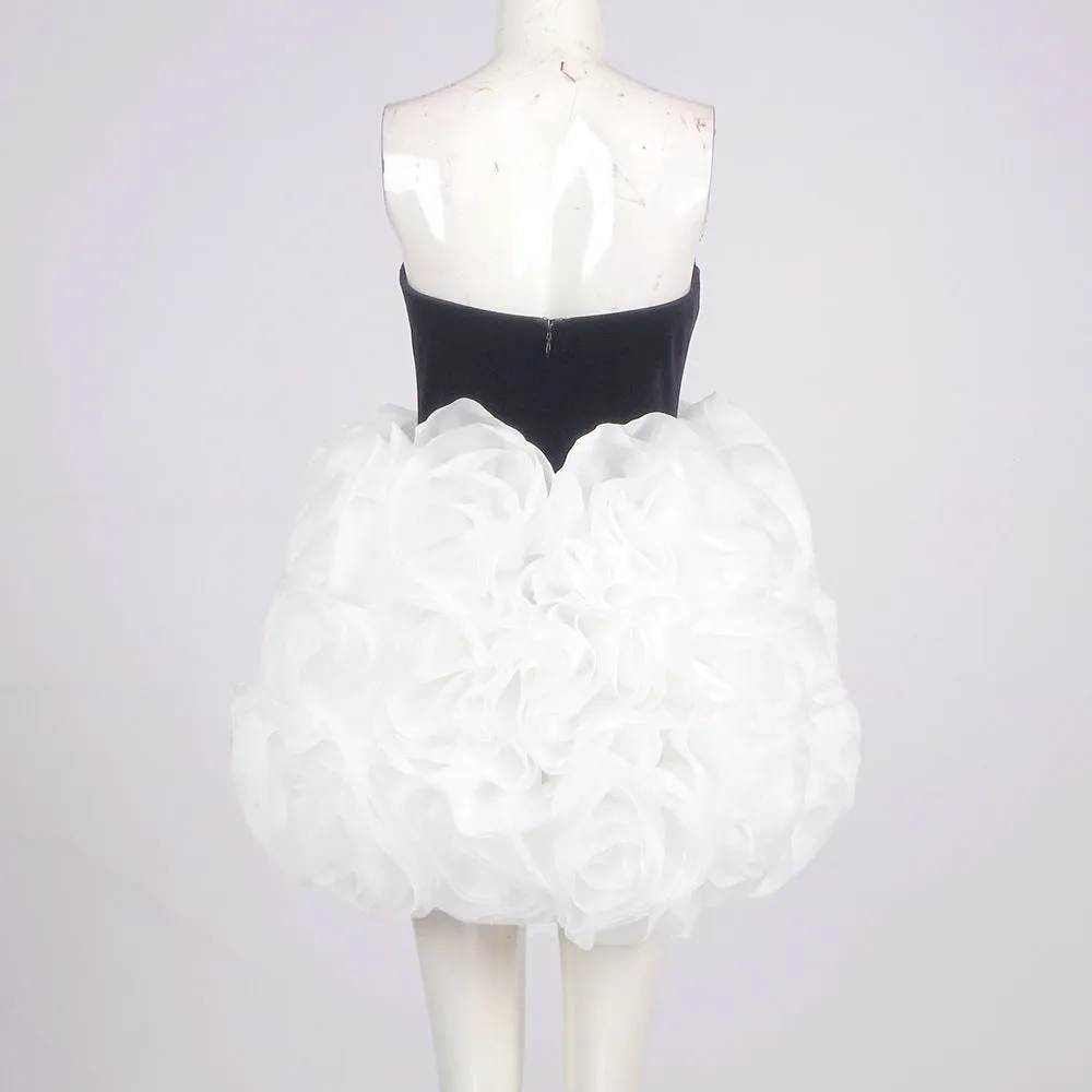 tina white 3d flowers strapless black mini dress Gloria Lanvin