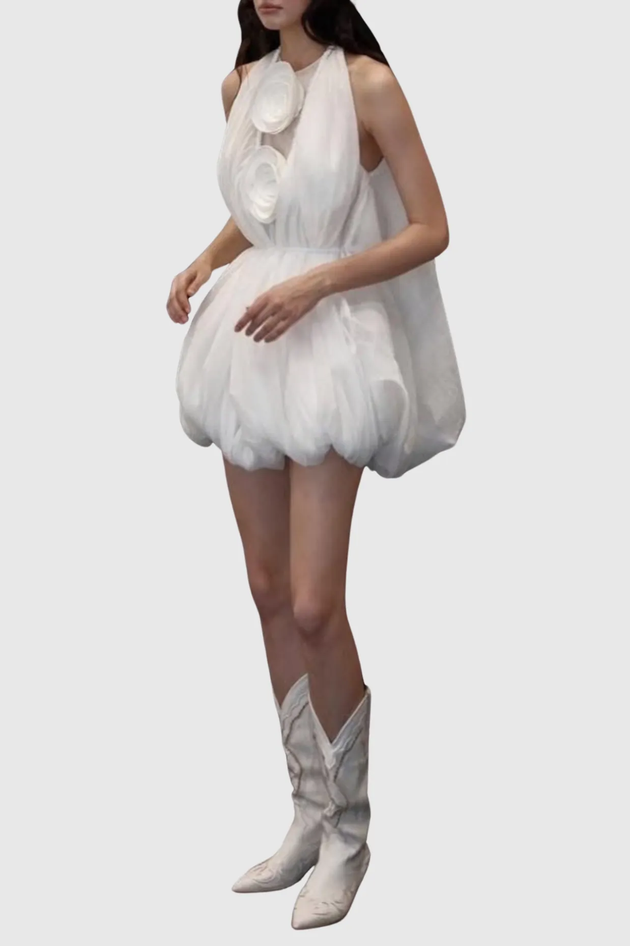 Tlora Floral Applique Halter Puffy Mini Dress Gloria Lanvin