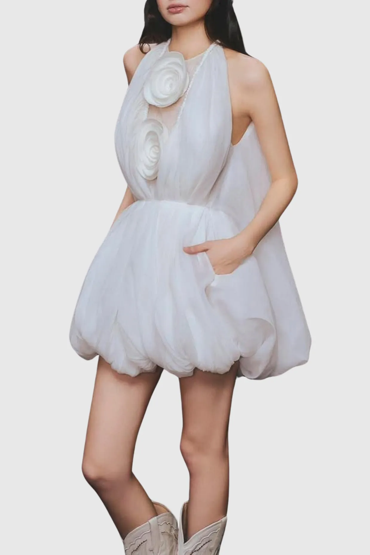 Tlora Floral Applique Halter Puffy Mini Dress Gloria Lanvin