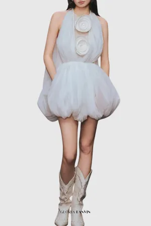 Tlora Floral Applique Halter Puffy Mini Dress Gloria Lanvin