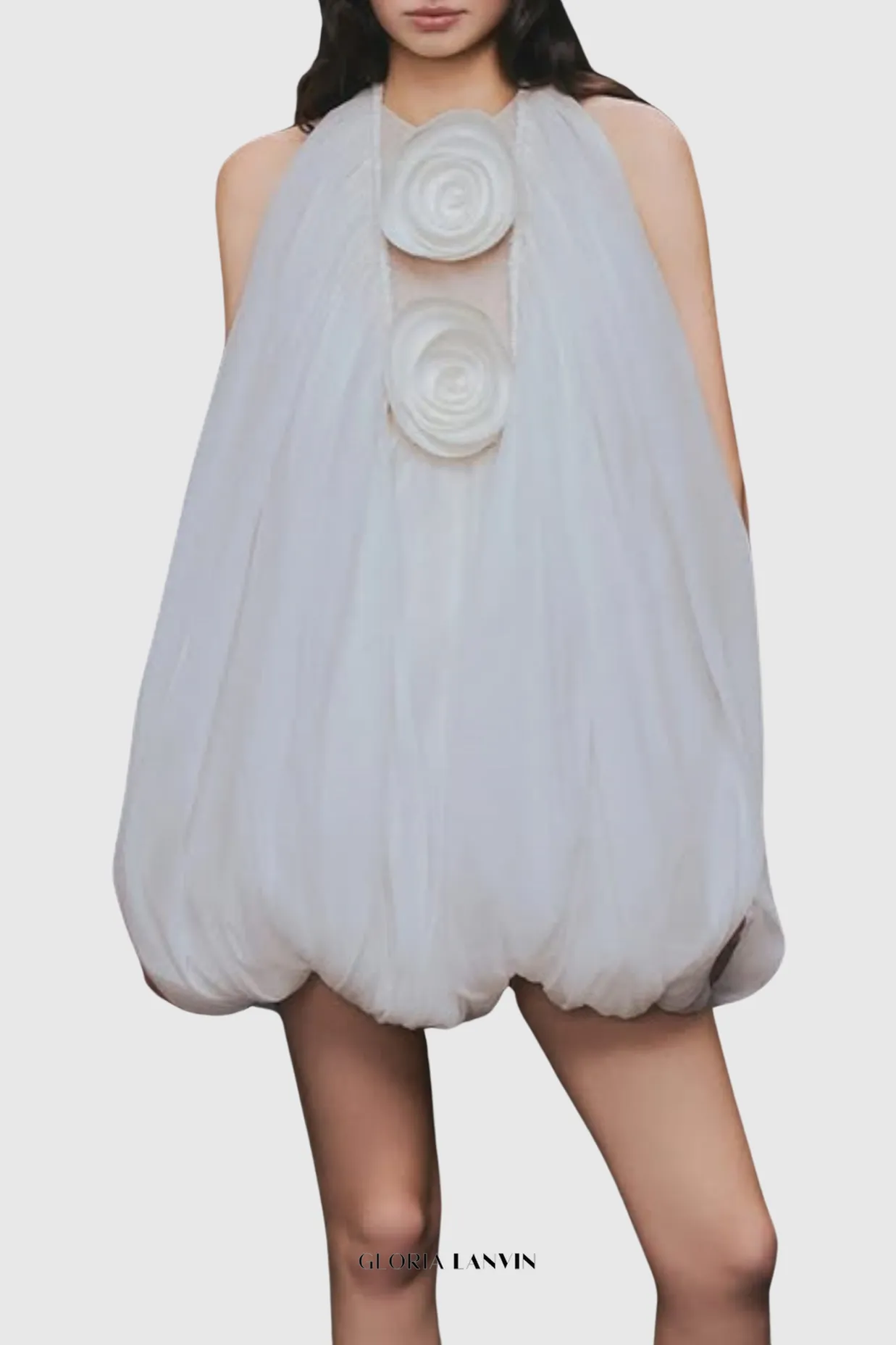Tlora Floral Applique Halter Puffy Mini Dress Gloria Lanvin