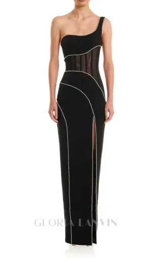 TRACY CRYSTAL STRIPE EMBELLISHED ONE-SHOULDER BLACK MAXI DRESS Gloria Lanvin