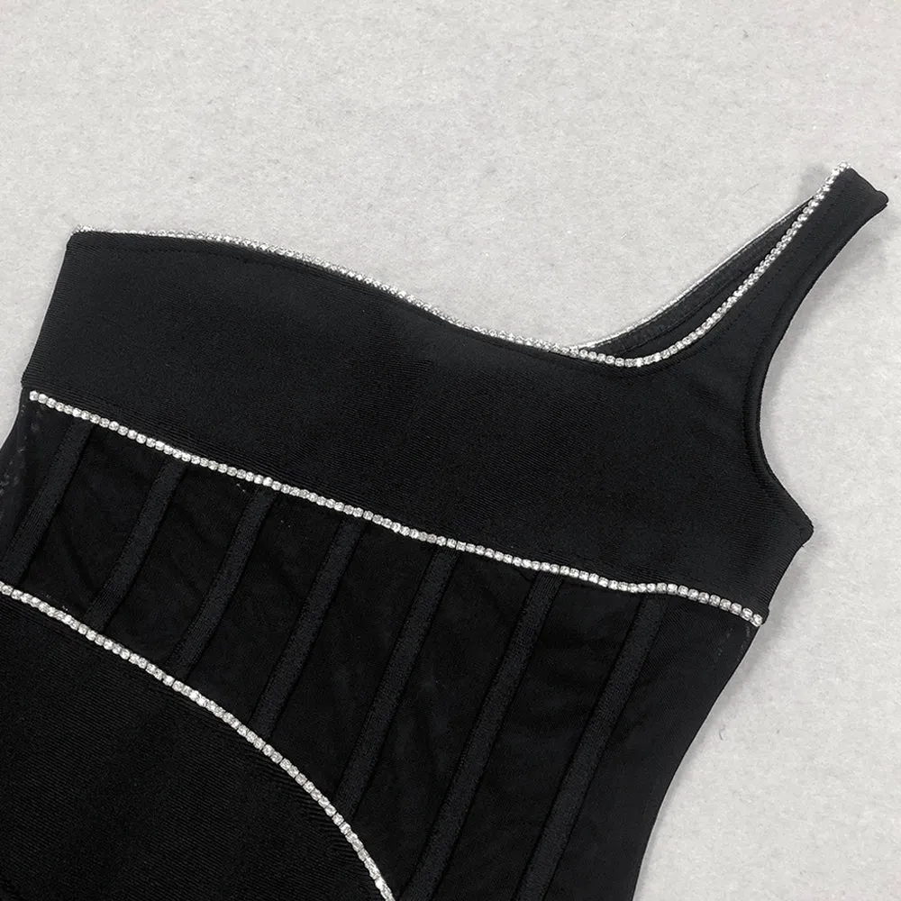 TRACY CRYSTAL STRIPE EMBELLISHED ONE-SHOULDER BLACK MAXI DRESS Gloria Lanvin