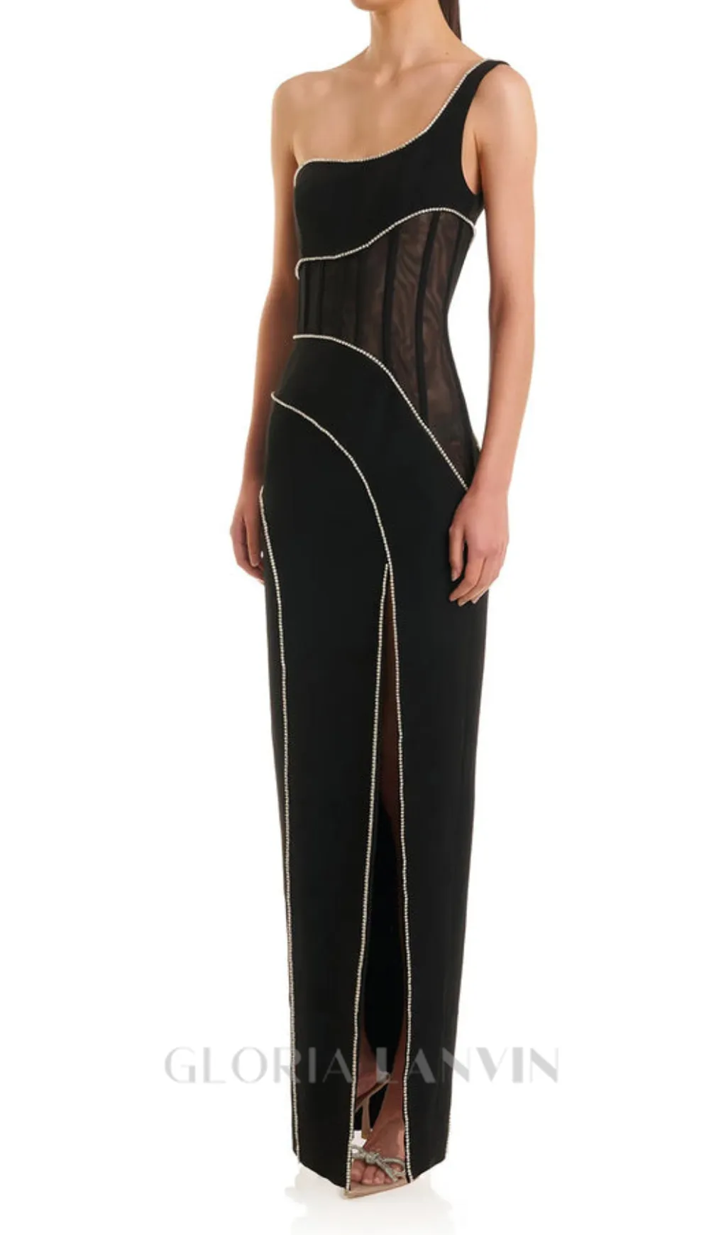 TRACY CRYSTAL STRIPE EMBELLISHED ONE-SHOULDER BLACK MAXI DRESS Gloria Lanvin