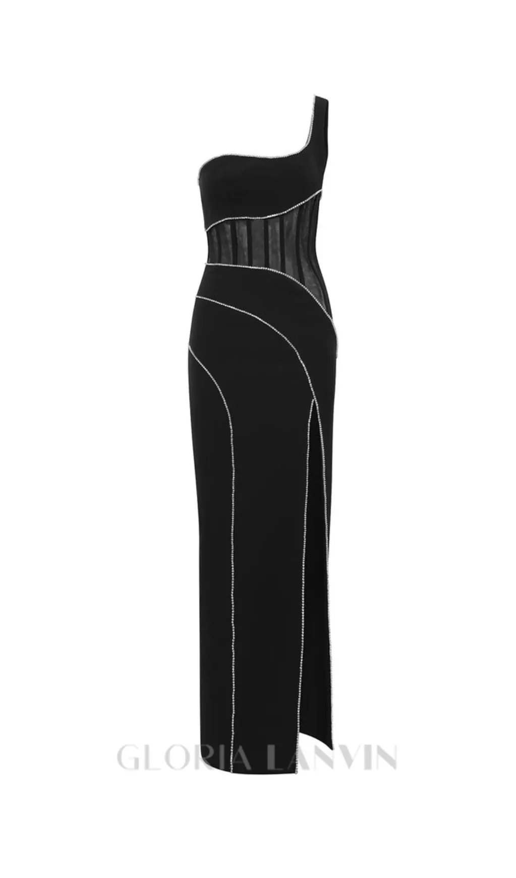 TRACY CRYSTAL STRIPE EMBELLISHED ONE-SHOULDER BLACK MAXI DRESS Gloria Lanvin