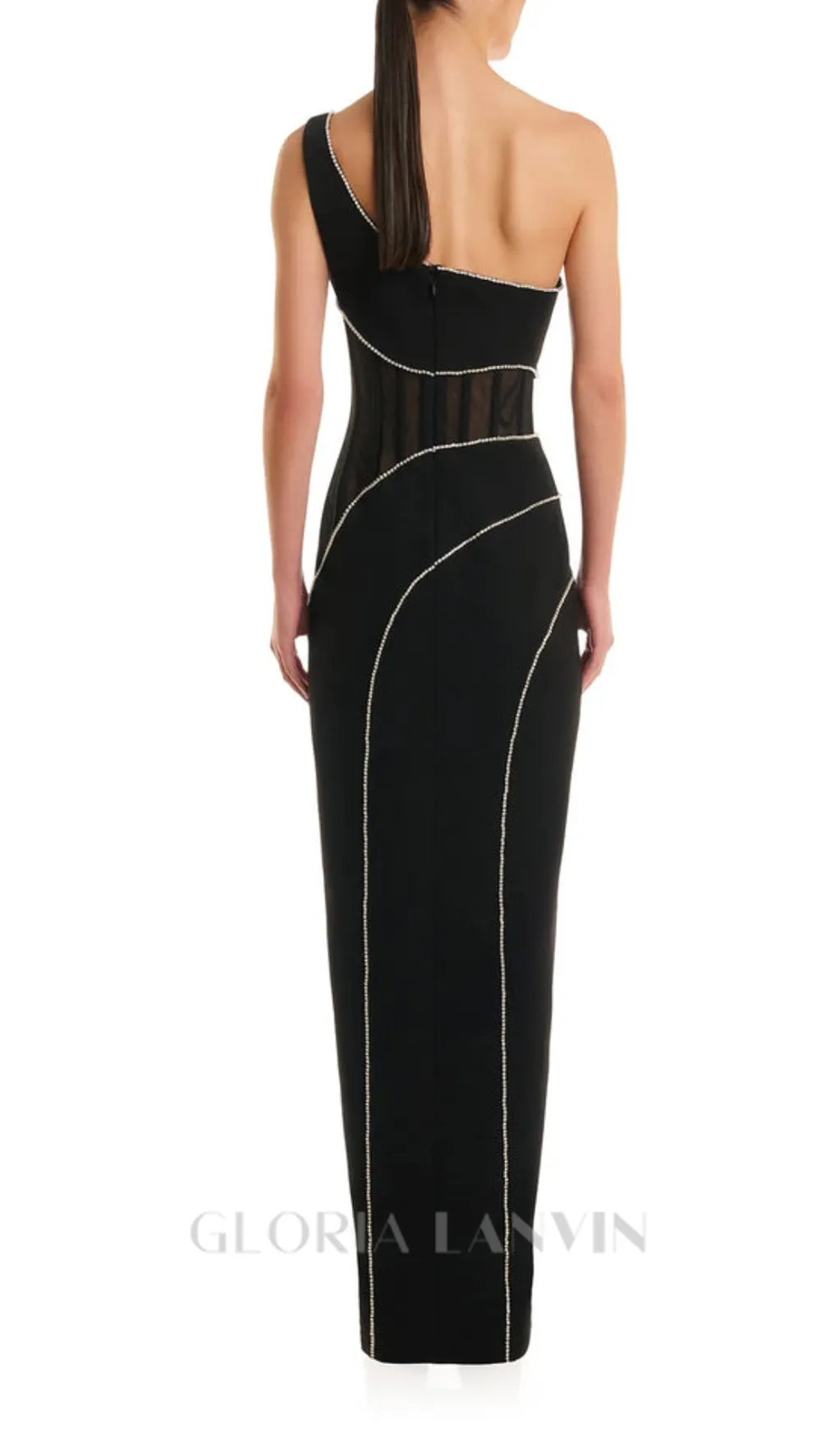 TRACY CRYSTAL STRIPE EMBELLISHED ONE-SHOULDER BLACK MAXI DRESS Gloria Lanvin