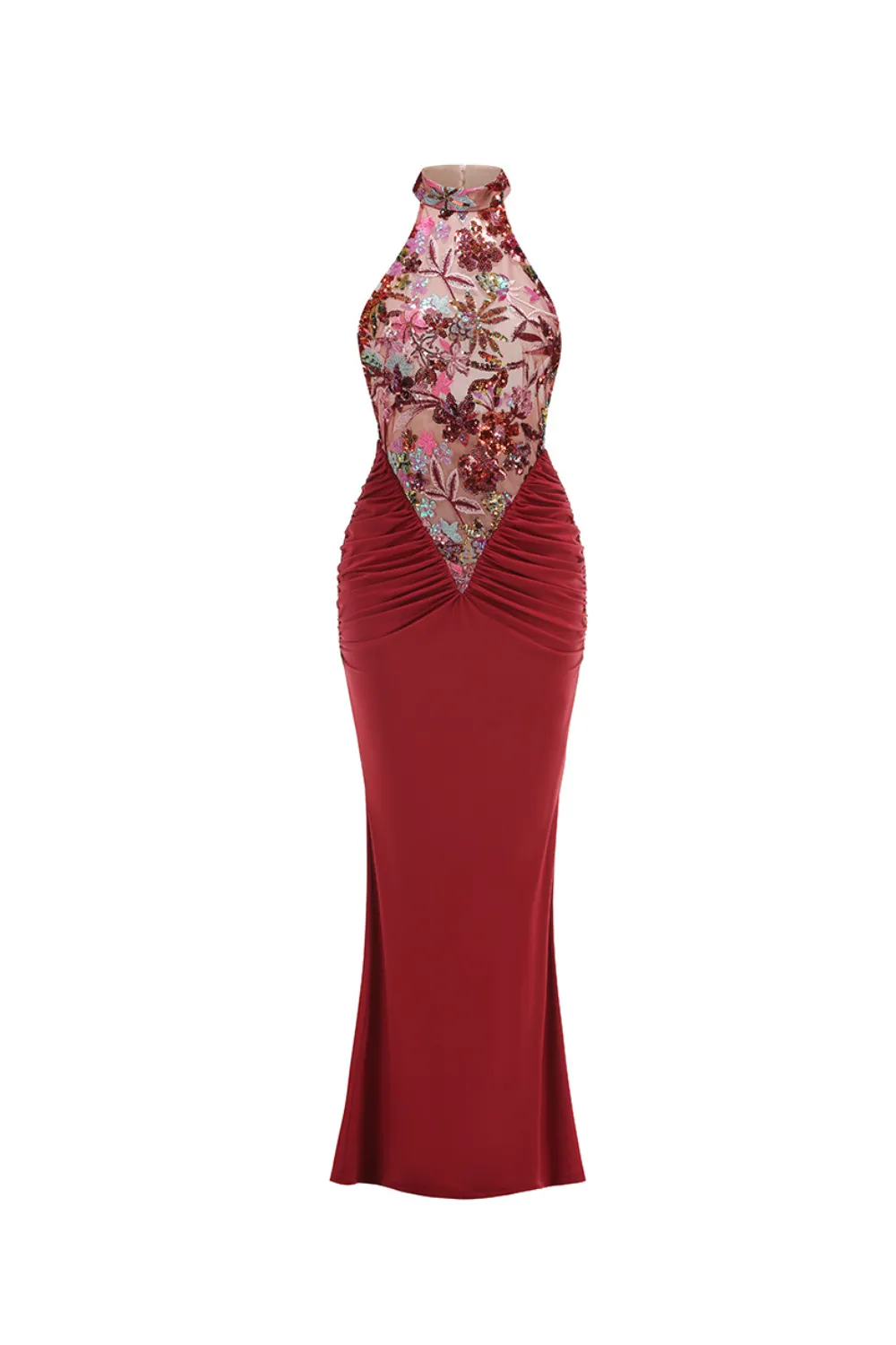 tracy sequin embroidery halter maxi dress in red Gloria Lanvin