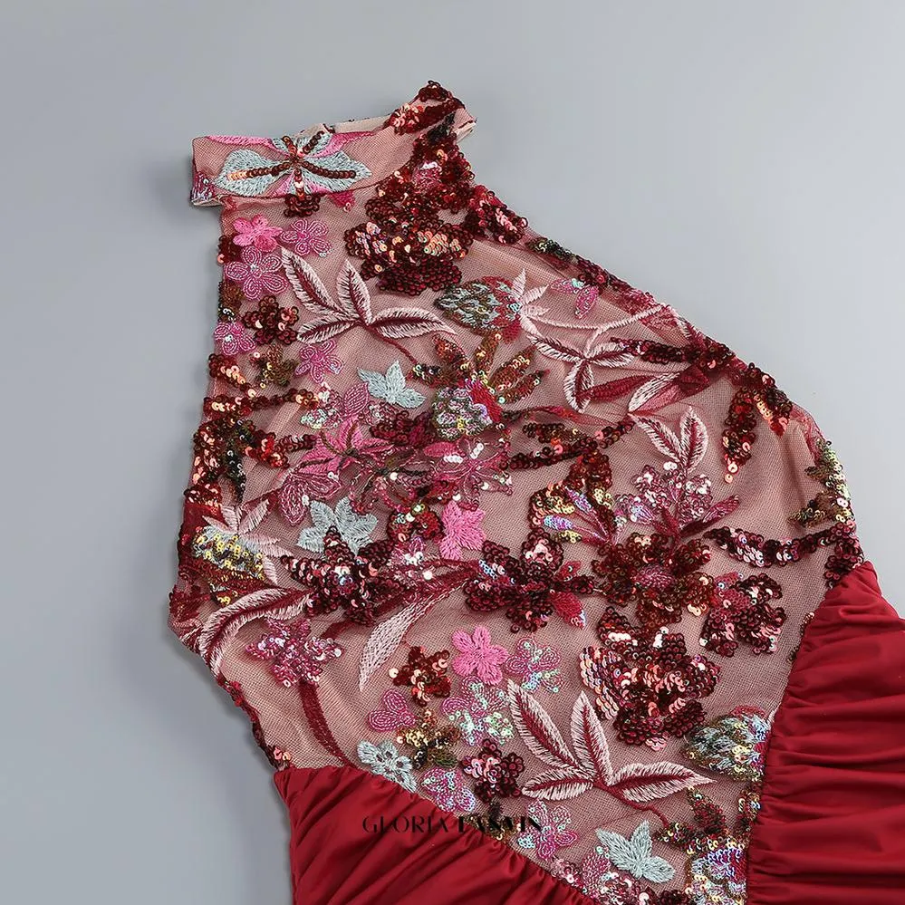 tracy sequin embroidery halter maxi dress in red Gloria Lanvin