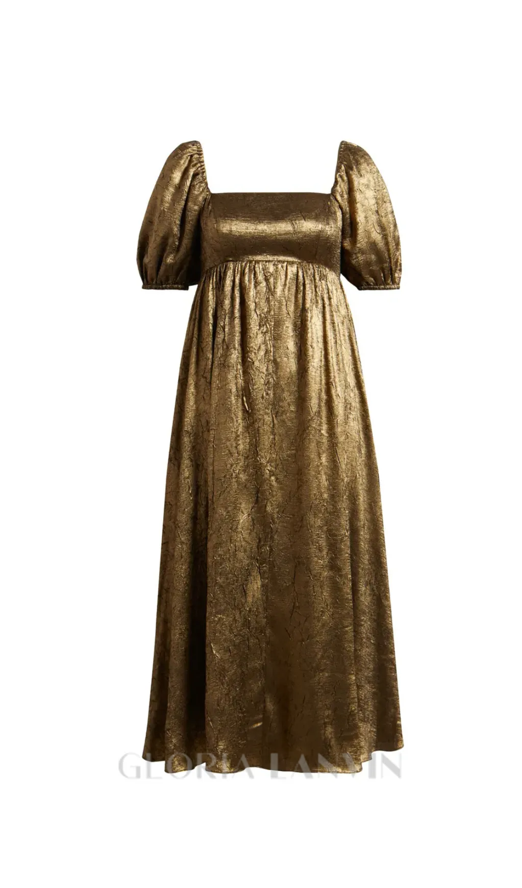 trista square neck puff sleeve midi dress in gold Gloria Lanvin