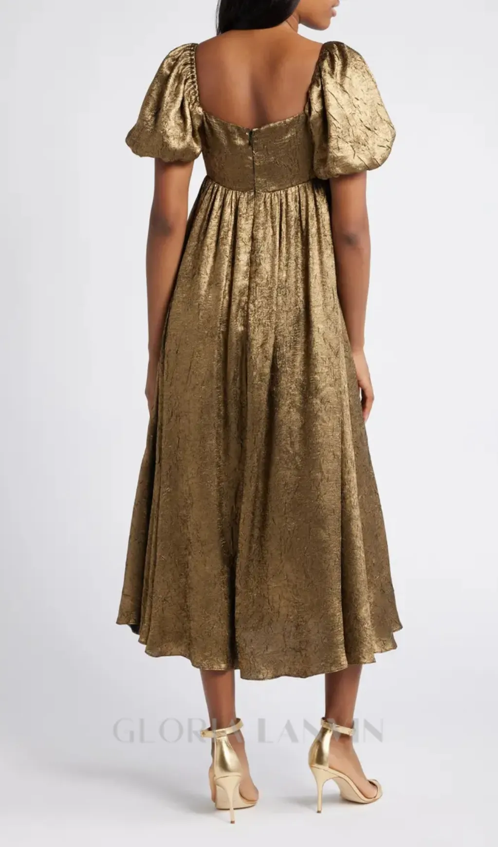 trista square neck puff sleeve midi dress in gold Gloria Lanvin