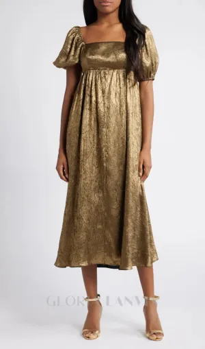 trista square neck puff sleeve midi dress in gold Gloria Lanvin