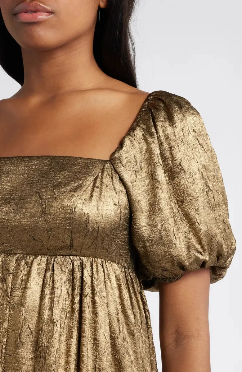 trista square neck puff sleeve midi dress in gold Gloria Lanvin