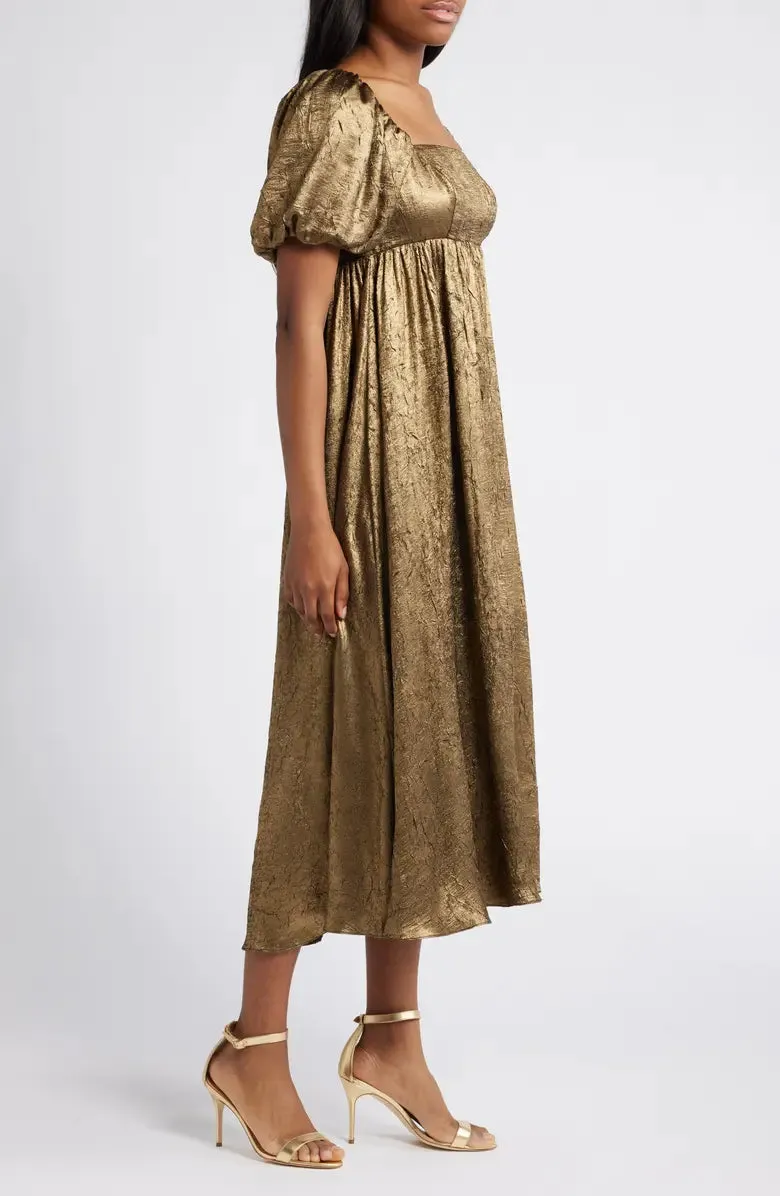 trista square neck puff sleeve midi dress in gold Gloria Lanvin