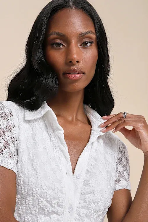 Truly Pristine White Mesh Floral Ruched Button-Up Mini Dress Gloria Lanvin