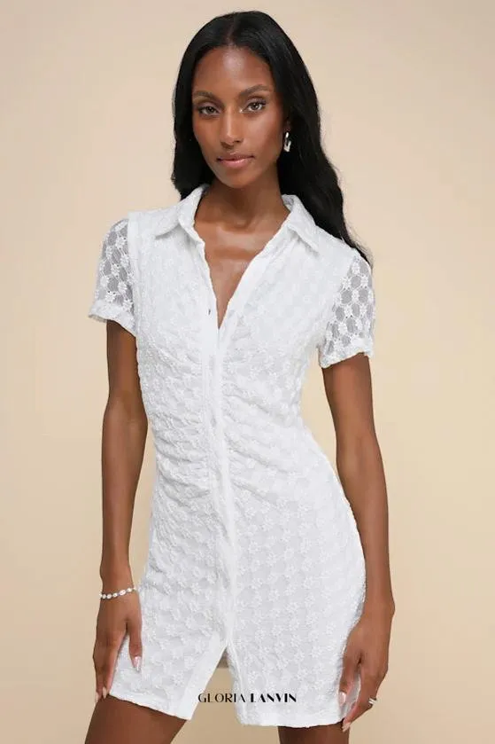 Truly Pristine White Mesh Floral Ruched Button-Up Mini Dress Gloria Lanvin