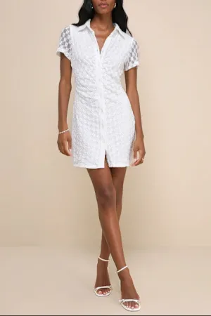 Truly Pristine White Mesh Floral Ruched Button-Up Mini Dress Gloria Lanvin