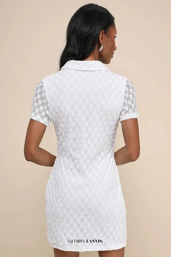 Truly Pristine White Mesh Floral Ruched Button-Up Mini Dress Gloria Lanvin