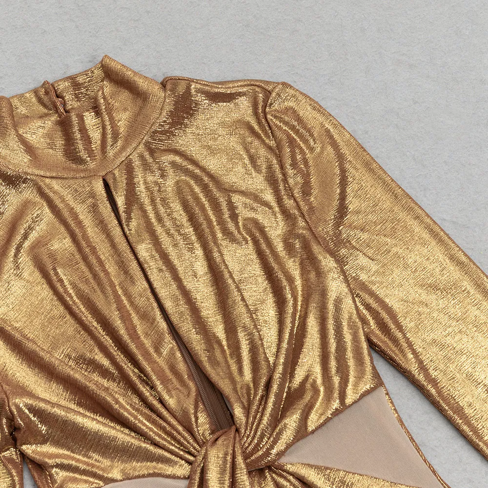 TRUMPET LONG-SLEEVE LOW-CUT CUTOUT GOLD MAXI DRESS Gloria Lanvin