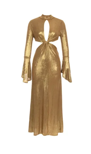 TRUMPET LONG-SLEEVE LOW-CUT CUTOUT GOLD MAXI DRESS Gloria Lanvin