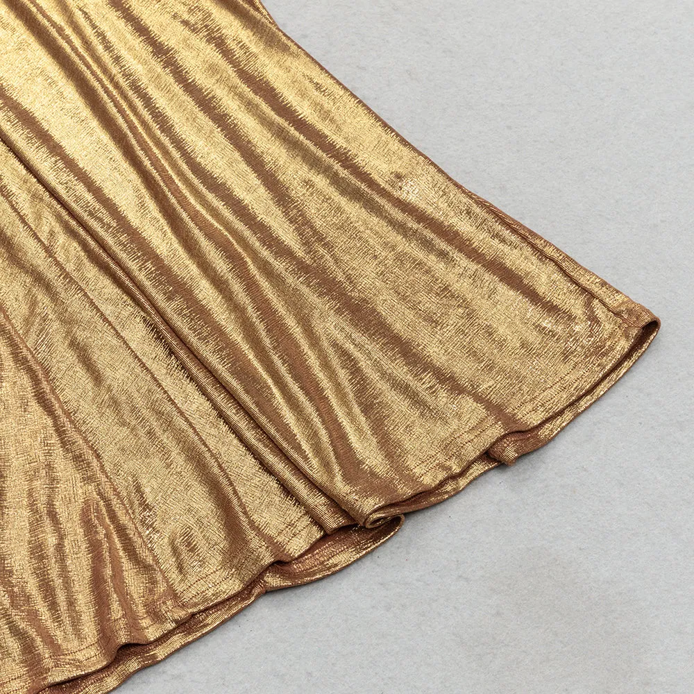TRUMPET LONG-SLEEVE LOW-CUT CUTOUT GOLD MAXI DRESS Gloria Lanvin