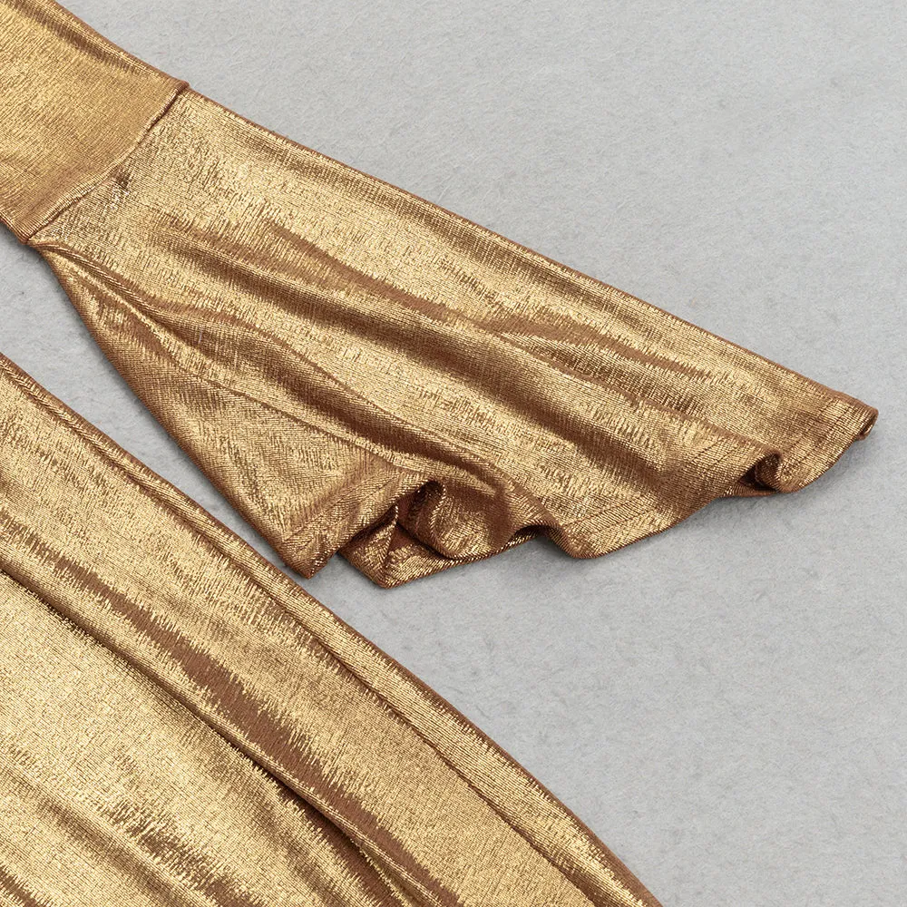 TRUMPET LONG-SLEEVE LOW-CUT CUTOUT GOLD MAXI DRESS Gloria Lanvin