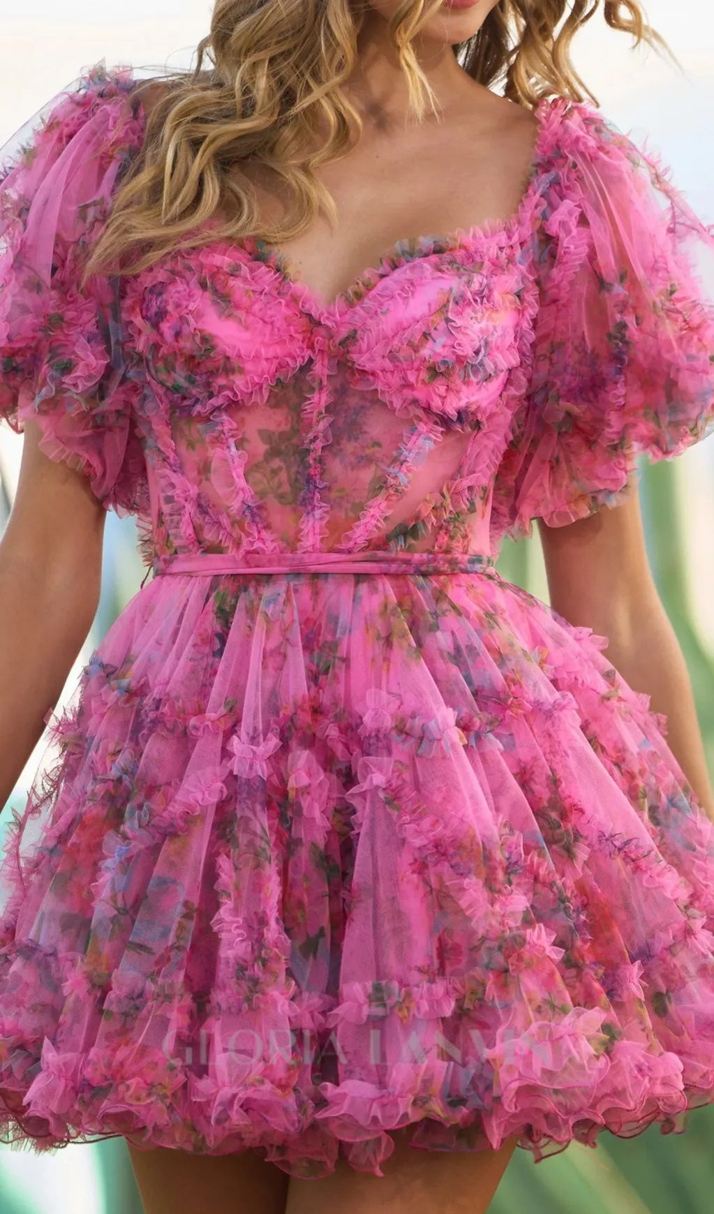 Tulle floral print balloon sleeve mini dress in pink Gloria Lanvin