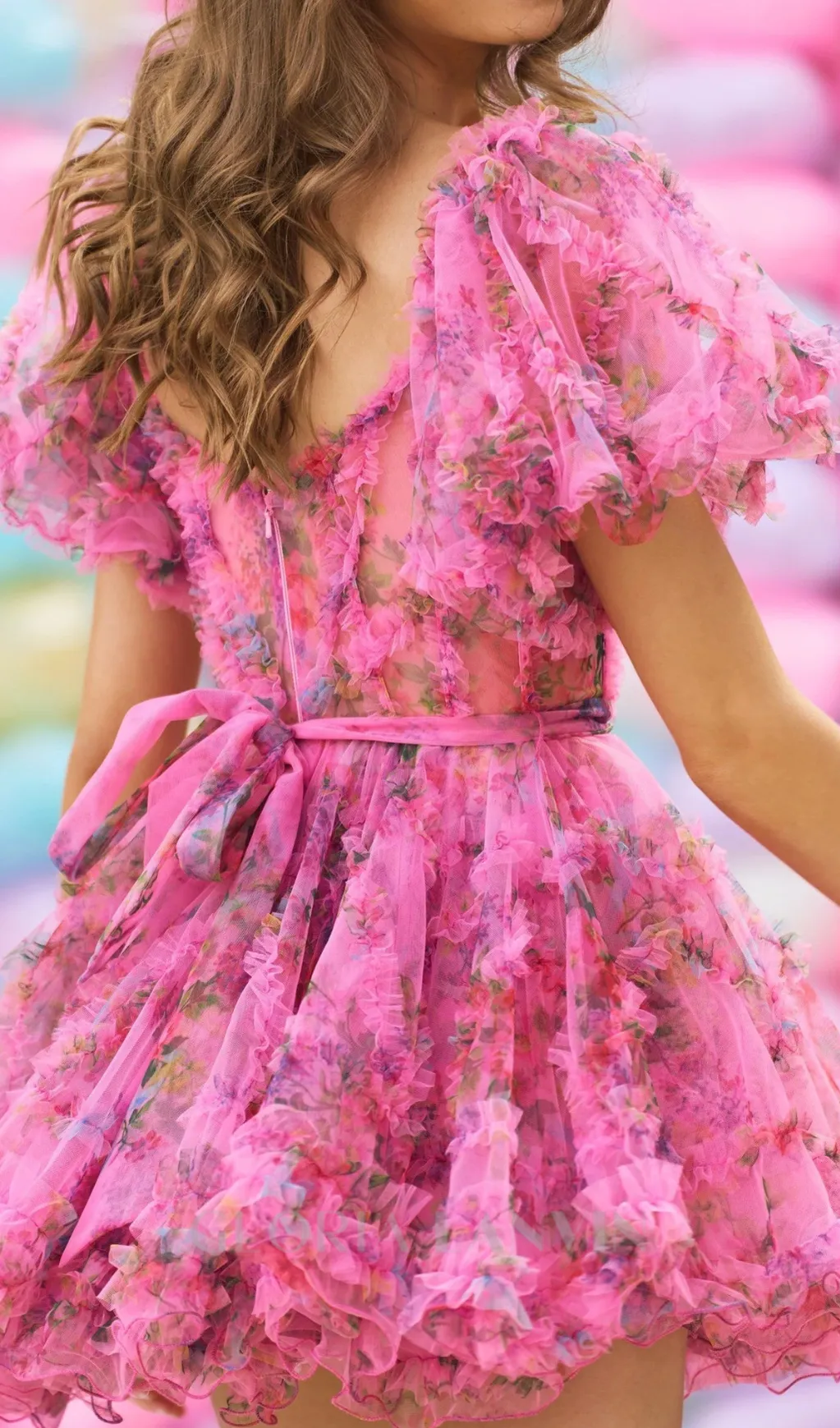Tulle floral print balloon sleeve mini dress in pink Gloria Lanvin