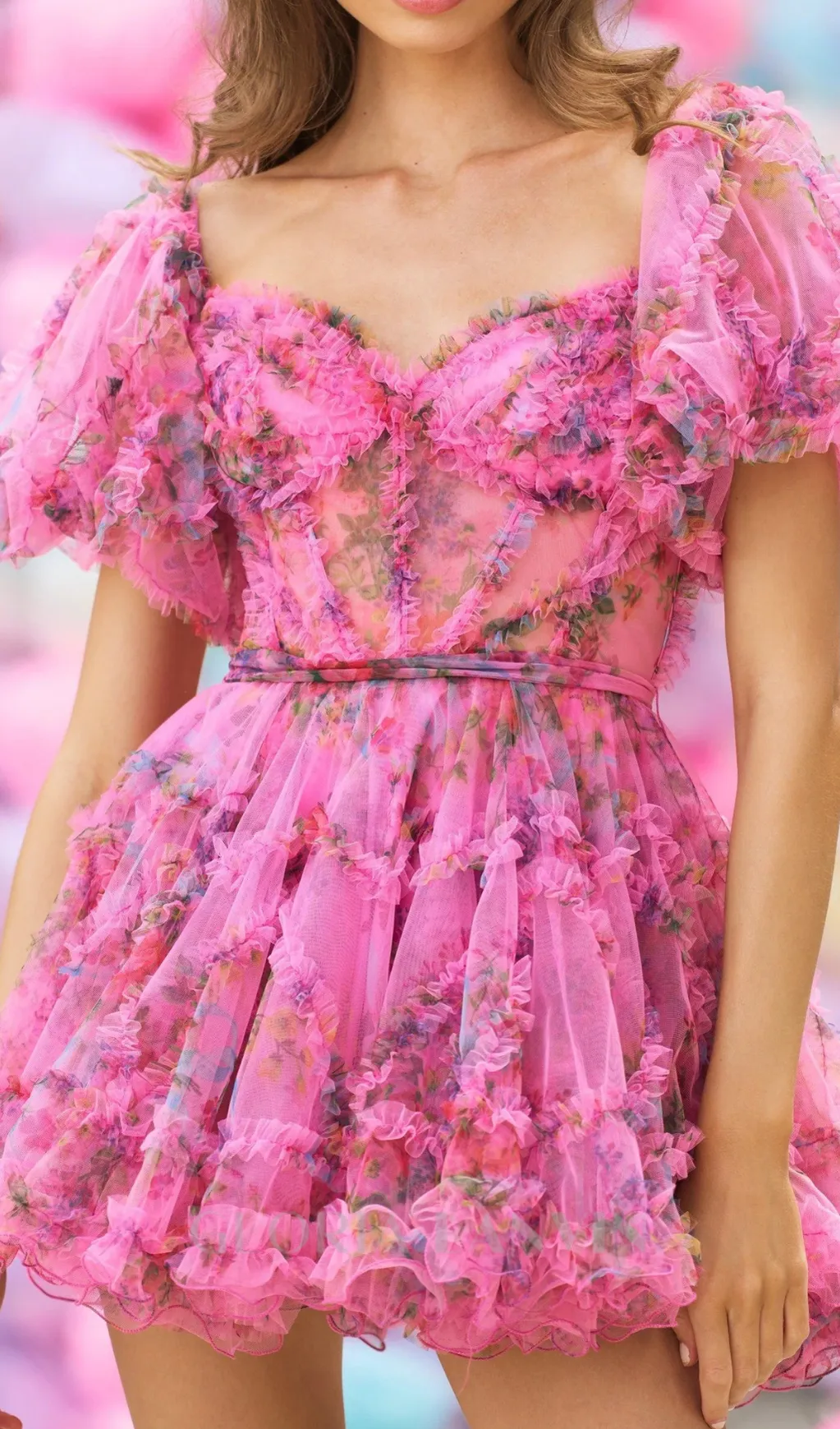 Tulle floral print balloon sleeve mini dress in pink Gloria Lanvin
