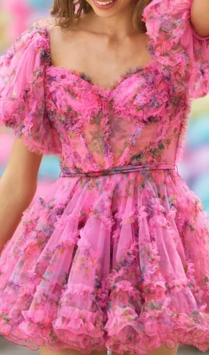 Tulle floral print balloon sleeve mini dress in pink Gloria Lanvin