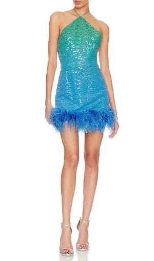 TURQUOISE JEWEL SEQUIN FEATHER MINI DRESS Gloria Lanvin