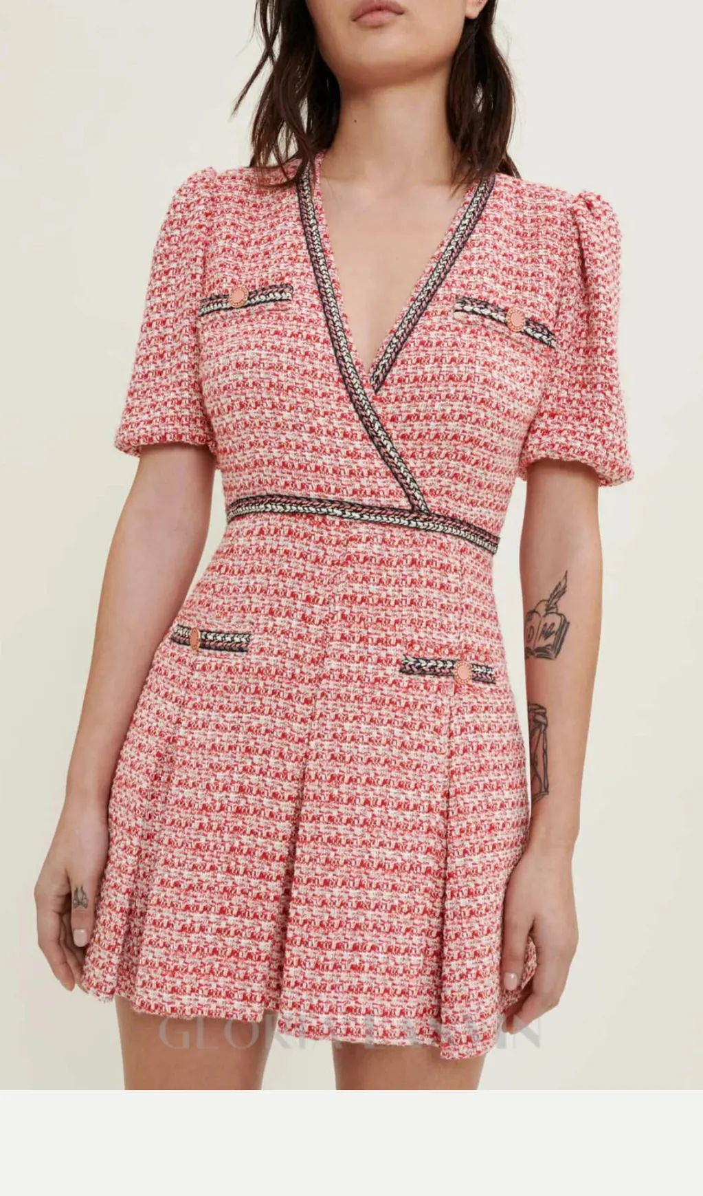 Tweed dress with ethnic trim in pink Gloria Lanvin