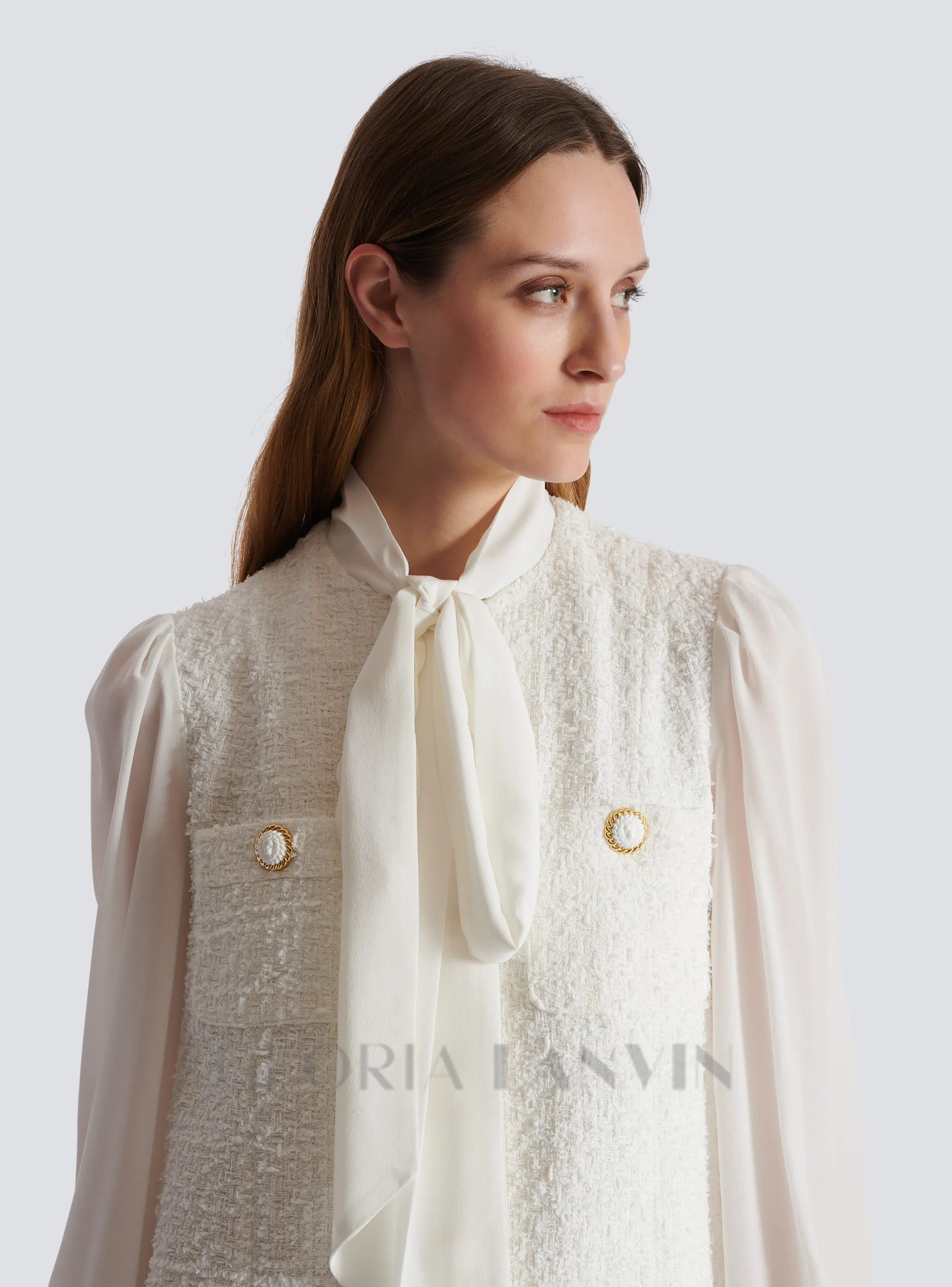 Tweed mini dress with pussy-bow collar in white Gloria Lanvin