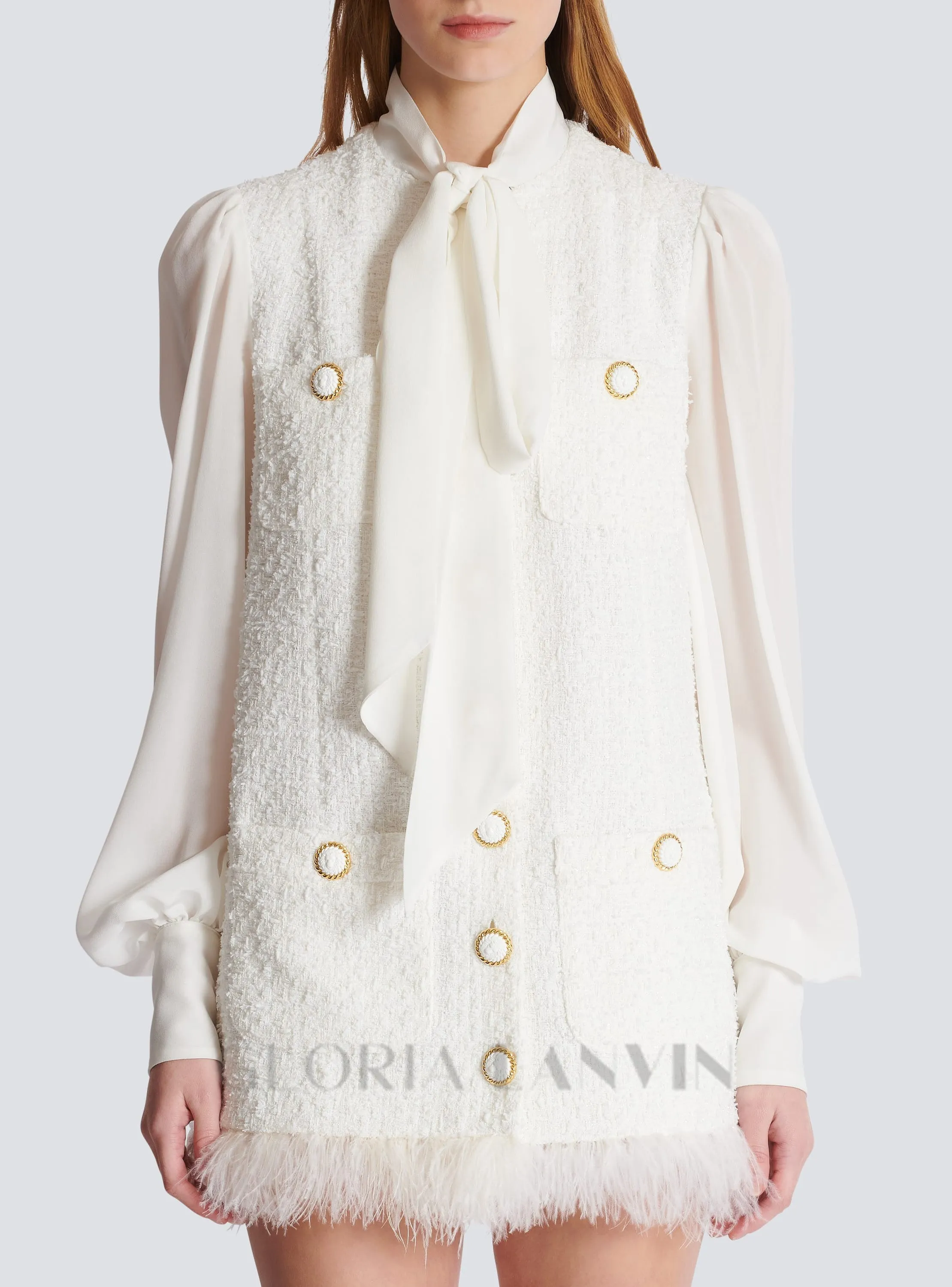Tweed mini dress with pussy-bow collar in white Gloria Lanvin