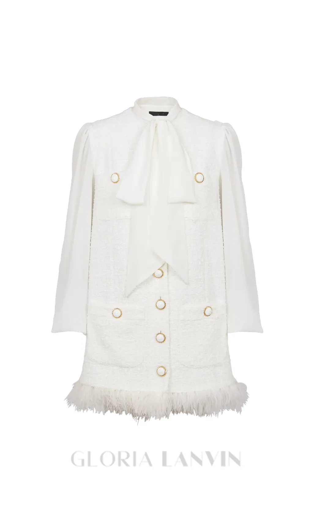 Tweed mini dress with pussy-bow collar in white Gloria Lanvin