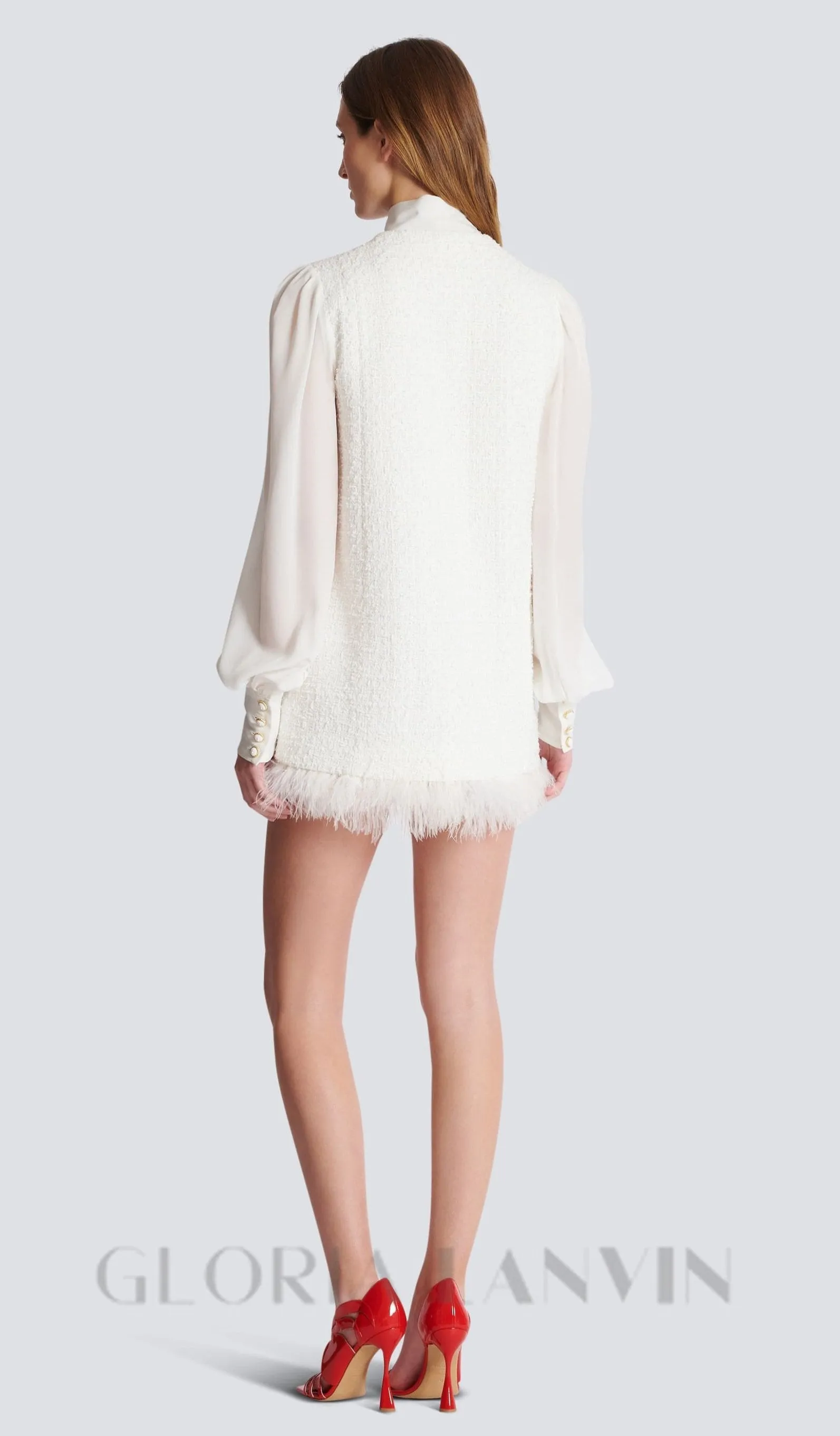 Tweed mini dress with pussy-bow collar in white Gloria Lanvin