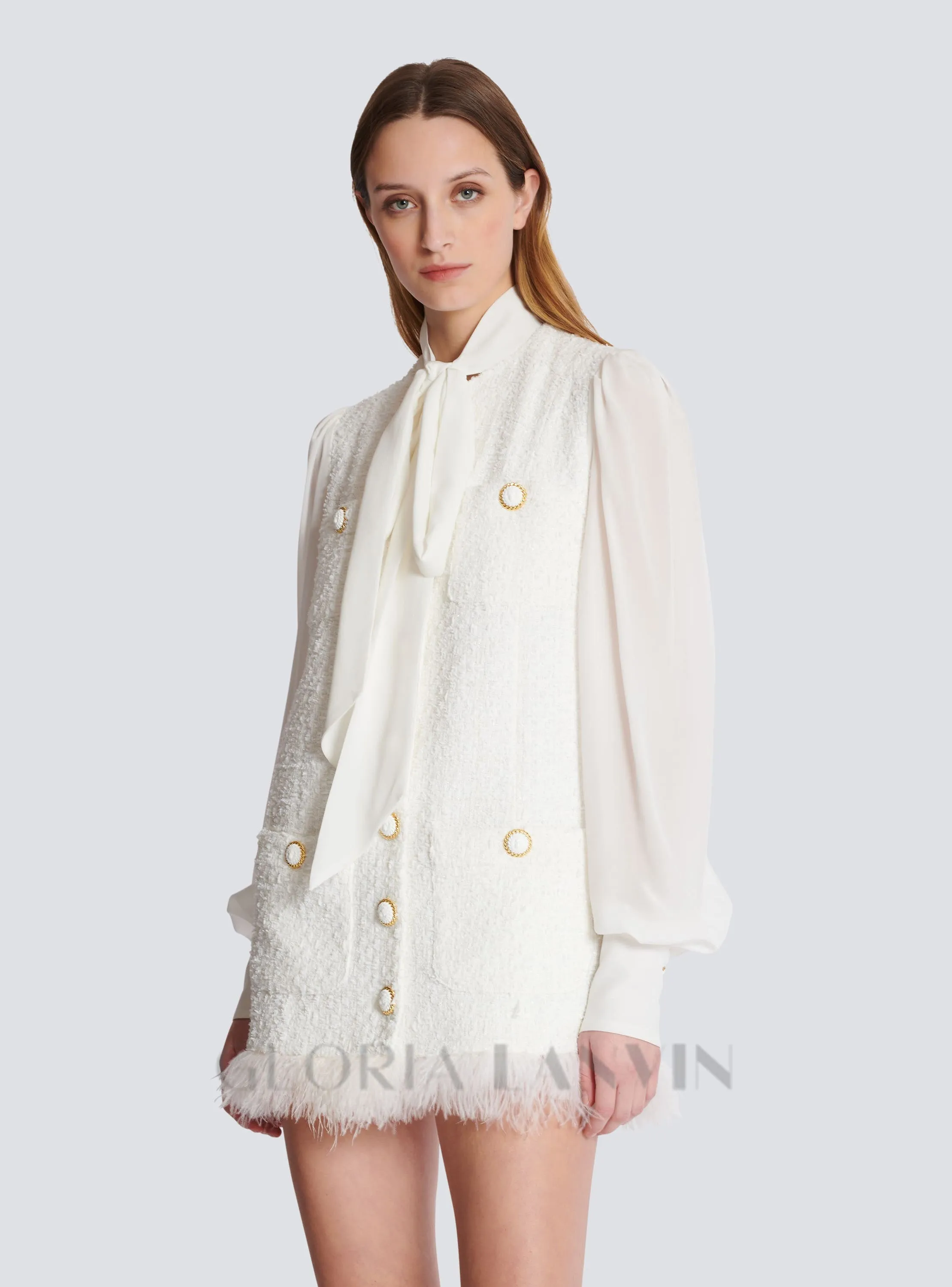 Tweed mini dress with pussy-bow collar in white Gloria Lanvin