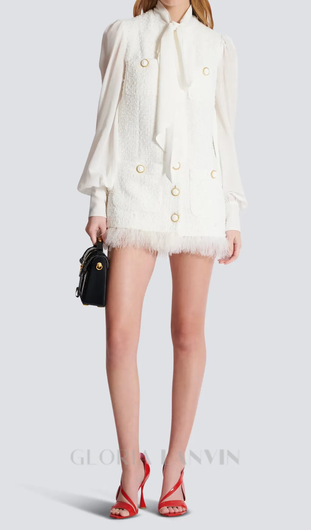 Tweed mini dress with pussy-bow collar in white Gloria Lanvin