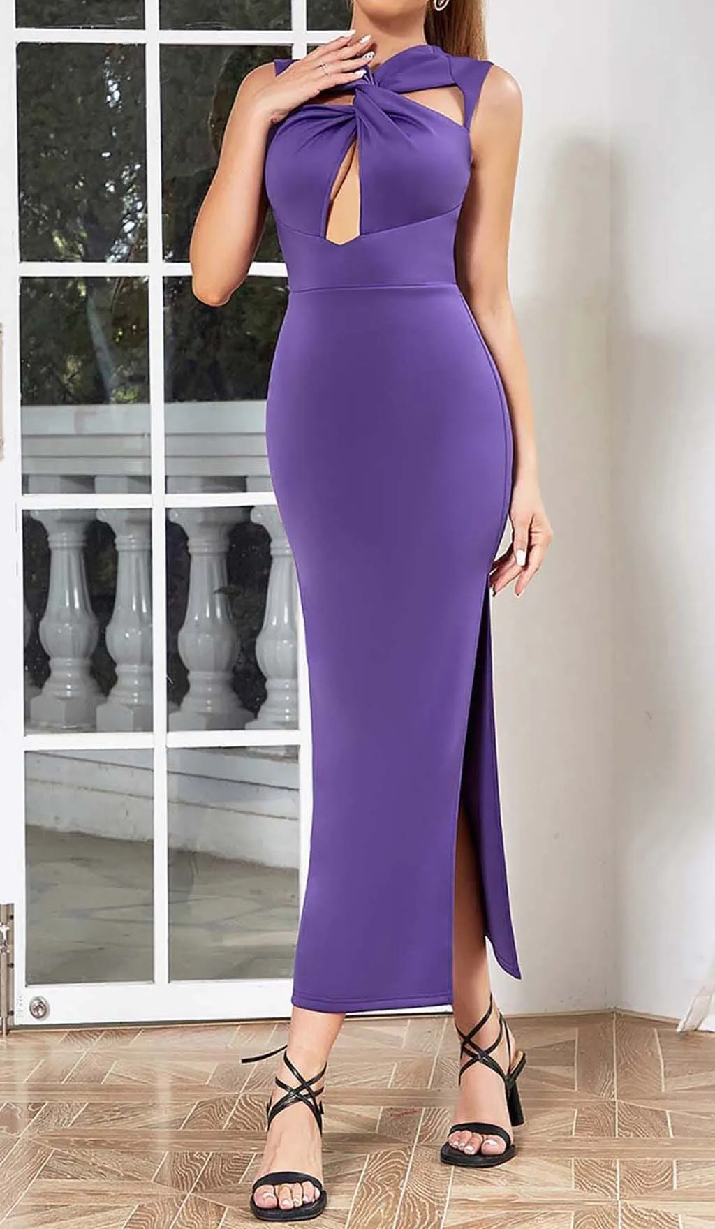 TWIST FRONT CUT OUT MAXI DRESS IN PURPLE Gloria Lanvin