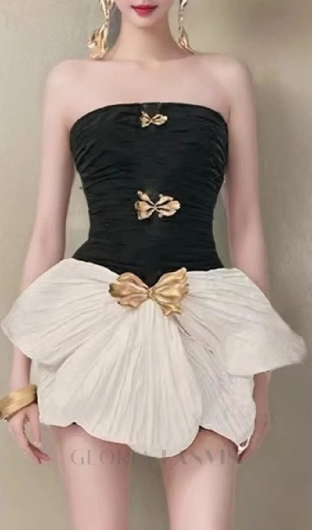 two-tone bow strapless ruched mini dress Gloria Lanvin
