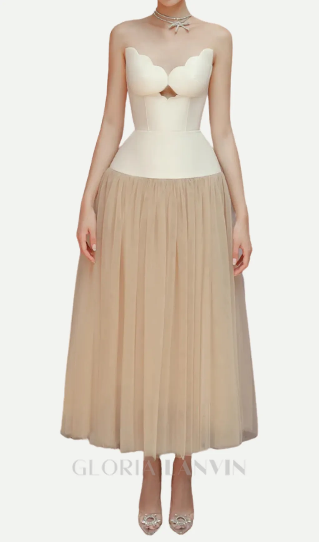 two-tone Hollow tube top tulle midi dress Gloria Lanvin