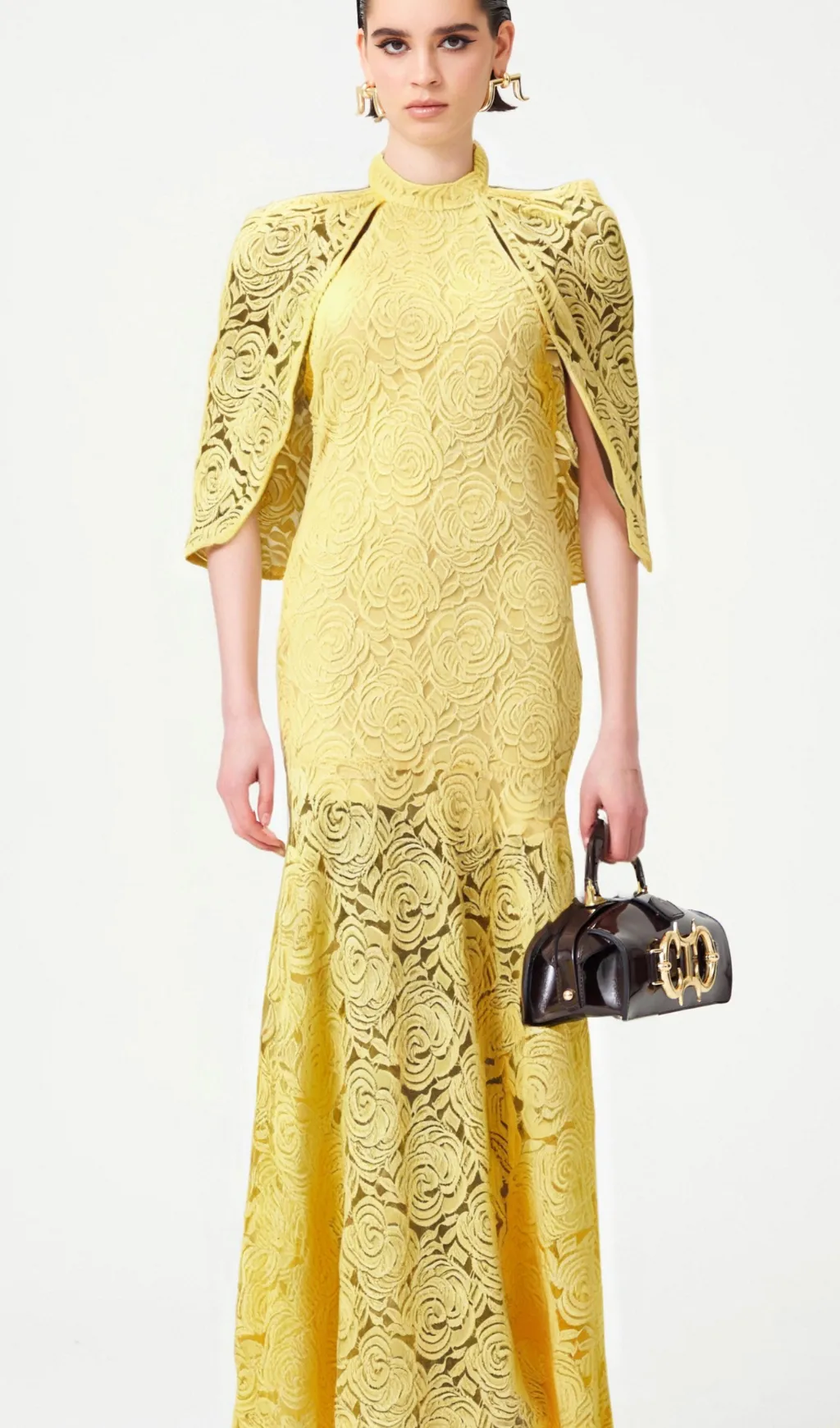 Ursula yellow cape-design chantilly-lace maxi dress Gloria Lanvin