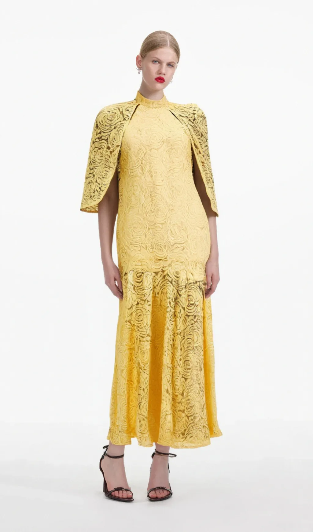 Ursula yellow cape-design chantilly-lace maxi dress Gloria Lanvin