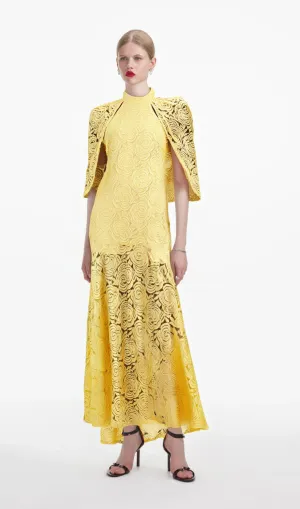 Ursula yellow cape-design chantilly-lace maxi dress Gloria Lanvin